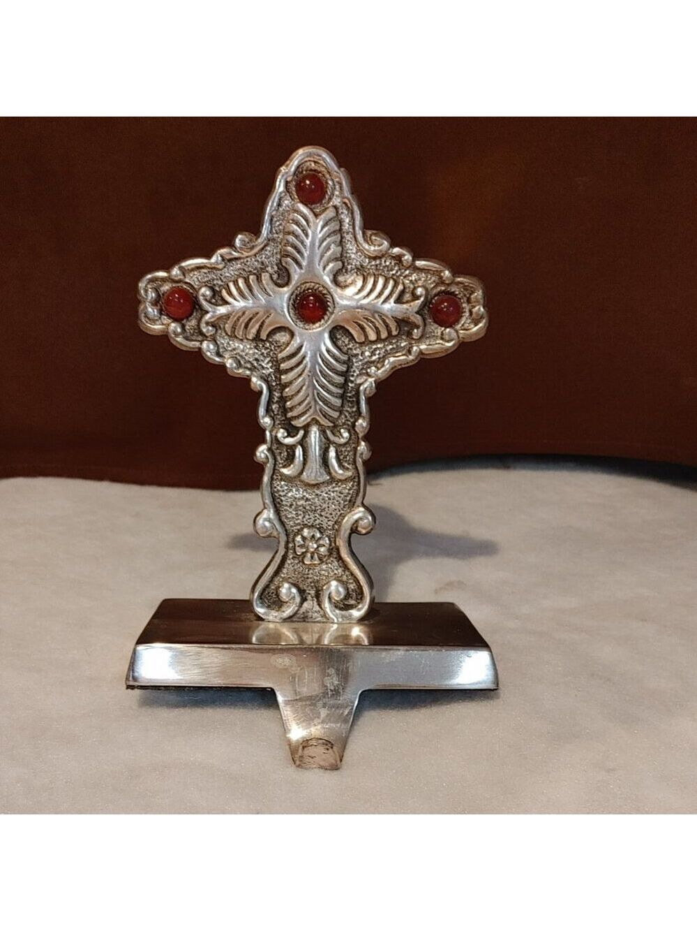 Ornate Silver Cross Floral Swirl Red Jewel Christmas Stocking Hanger